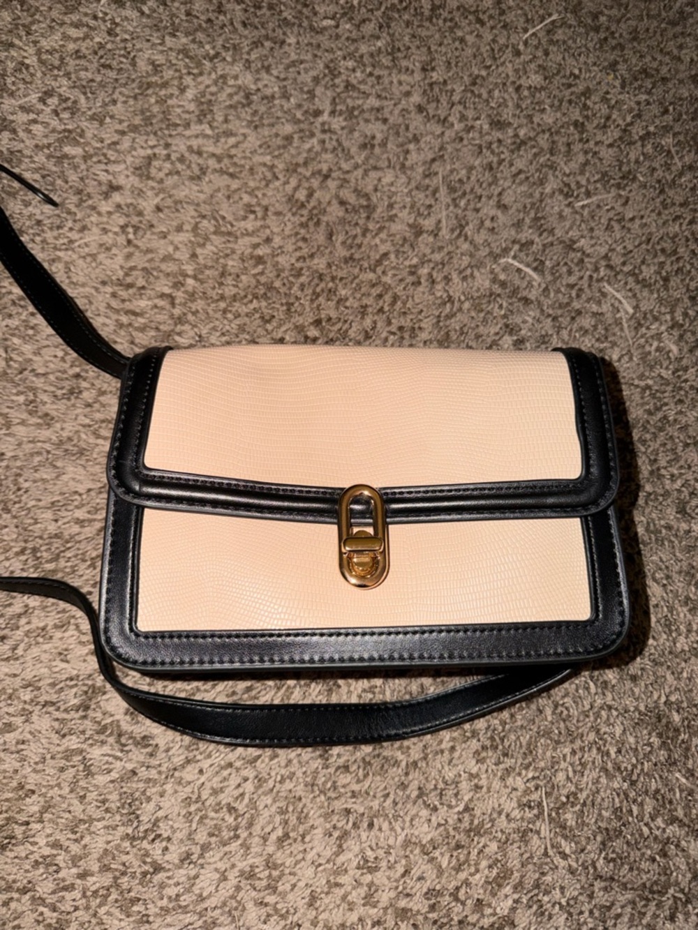 Classic Beige and Black Crossbody Bag with Gold Turn-Lock